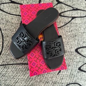 Tory Burch Black Slide Sandals with Embossed Design